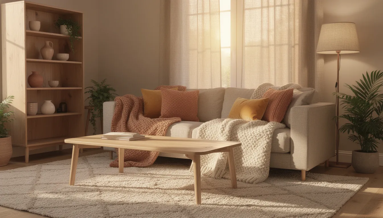 Un salón acogedor que presenta muebles de madera natural, con un diseño elegante y cálido, ideal para crear un ambiente confortable en el hogar. Los textiles suaves y los colores cálidos complementan la decoración, ofreciendo un espacio perfecto para el descanso y la convivencia.