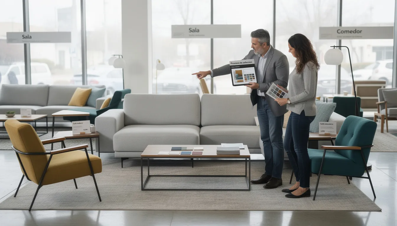 Una imagen que muestra el proceso de selección de muebles modernos en un showroom, con diferentes opciones de muebles de salón dispuestos en un ambiente bien iluminado. Se pueden observar sofás elegantes, mesas de comedor y accesorios decorativos que reflejan las últimas tendencias en diseño y funcionalidad para el hogar.
