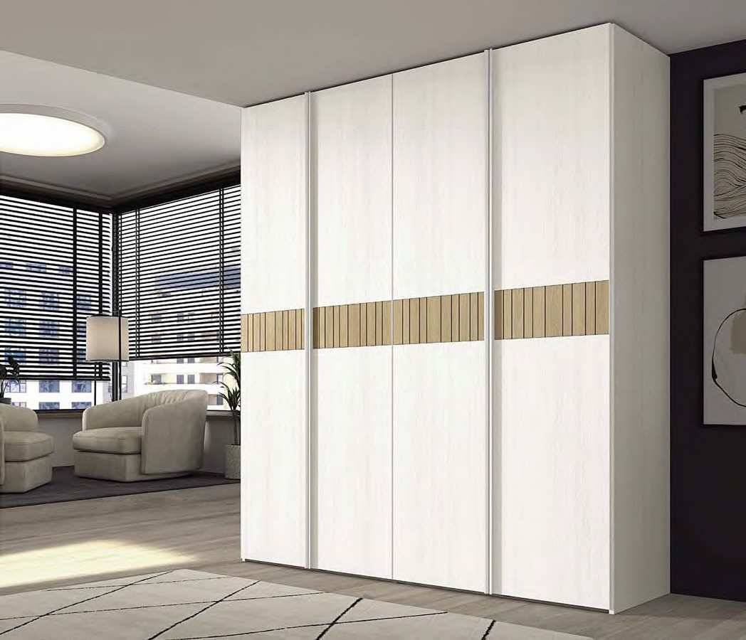  armario en acabado blanco-nature con armazón de 4 puertas  batientes  240x201  cm  y 4 puertas plafonadas con diseño de líneas de 240x49 cm. Modelo ECLIPSE-62