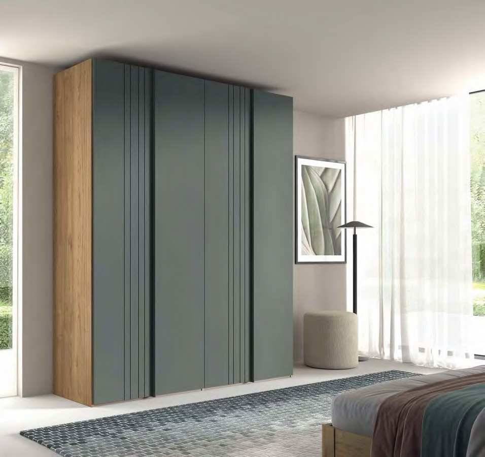  armario en acabado siena con armazón de 4 puertas batientes   240x201 cm compuesto por 2 puertas lisas con perfil de 240x49 cm en acabado musgo y 2 puertas con diseño de líneas de 240x49 cm. Modelo ECLIPSE-56