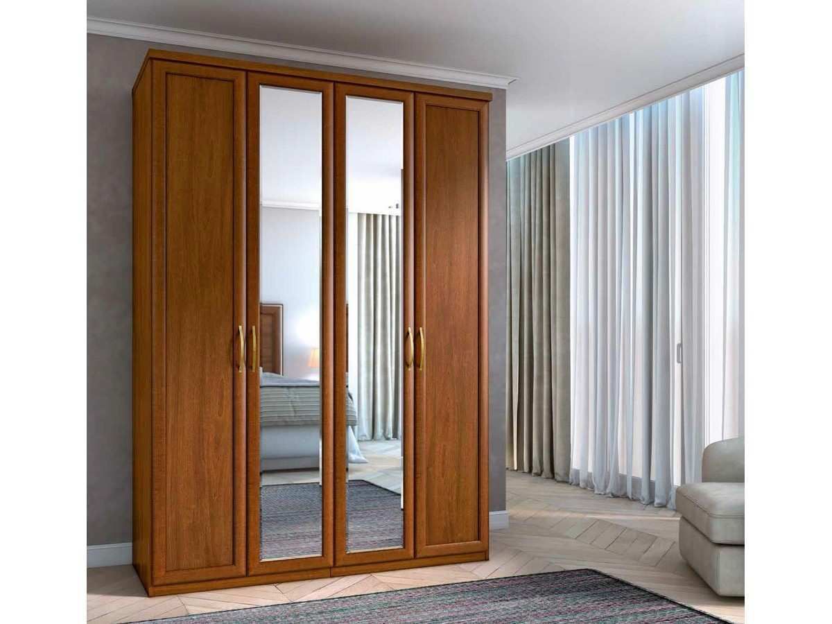  armario clásico de cuatro puertas en nogal con dos lunas, cajonera y baldas interiores.. Modelo PARMA-4037