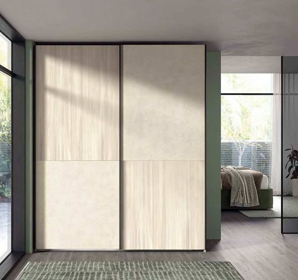  armario correderas colgado en acabado taiga-stone con armazón de 243x201 cm, equipado con una puerta interior izquierda y una puerta exterior derecha de 240 cm. Modelo ECLIPSE-75