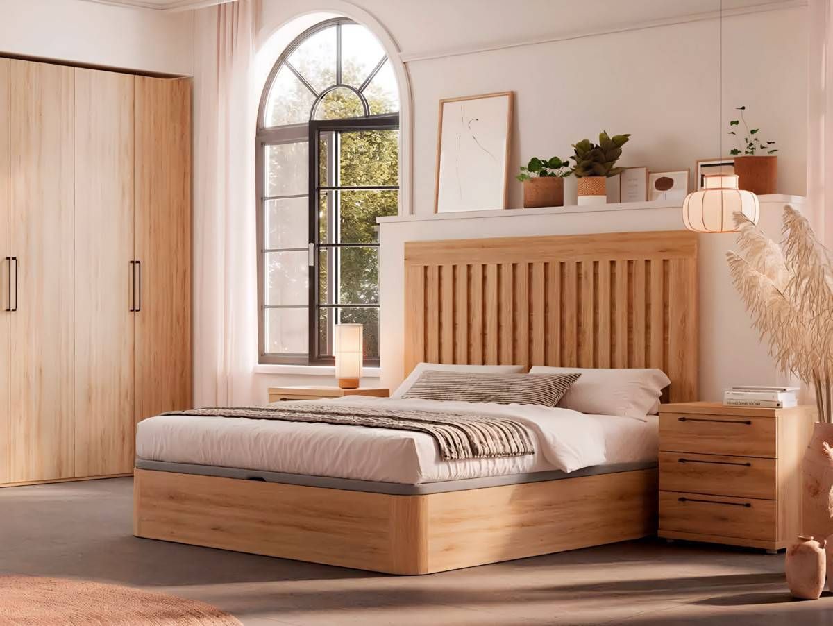  cabezal indo 150 cm roble natural y 2 mesitas 3 cajones roble natural.. Modelo KRONOS-808