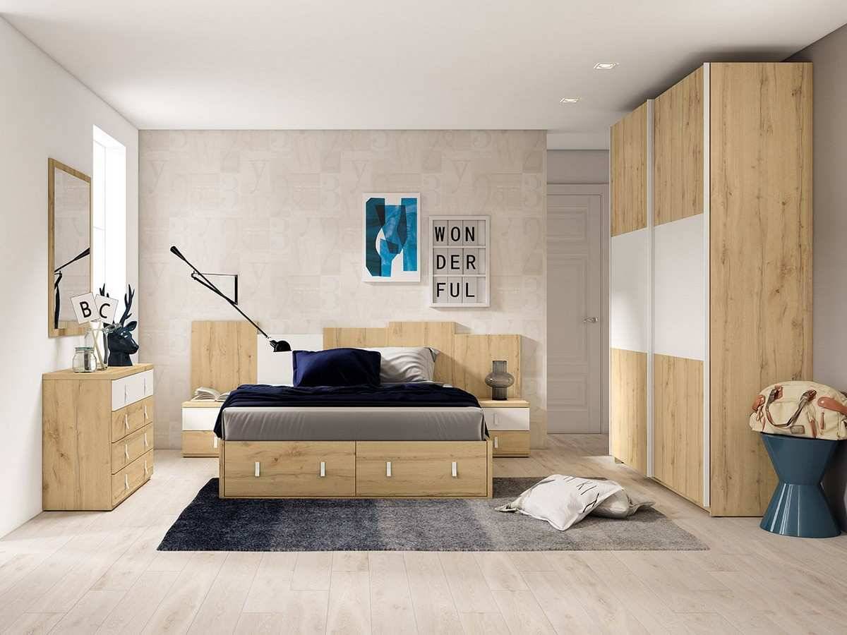 Habitacion Juvenil cama elevable con 2 contenedores  para colchon de  190x150 sin cabezal. Modelo ORTS-81