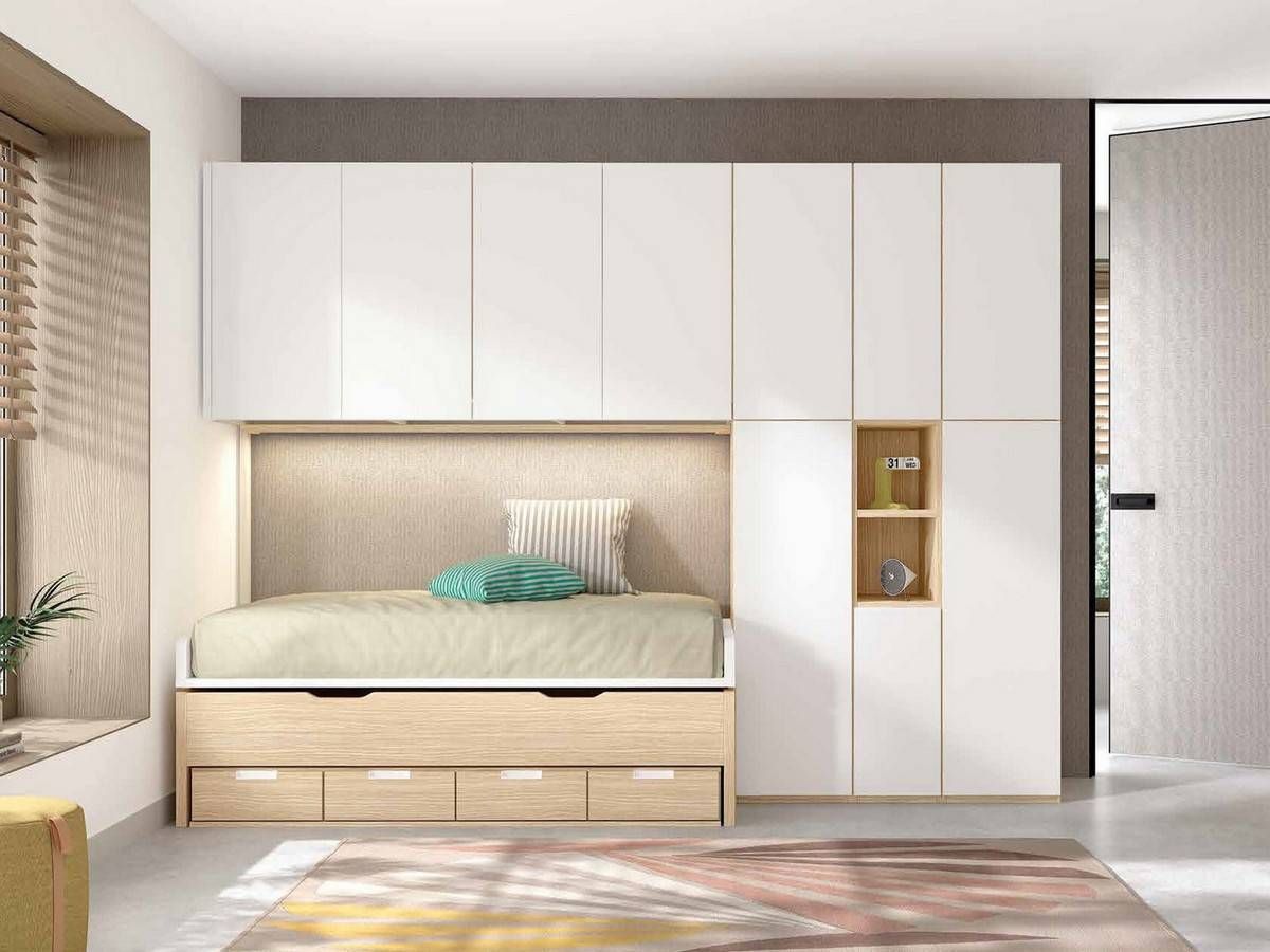 Habitacion Juvenil cama juvenil evo dúplex  con nido oculto y módulo de 4 cajones bajos de 190x90 cm.. Modelo FORMAS-A053