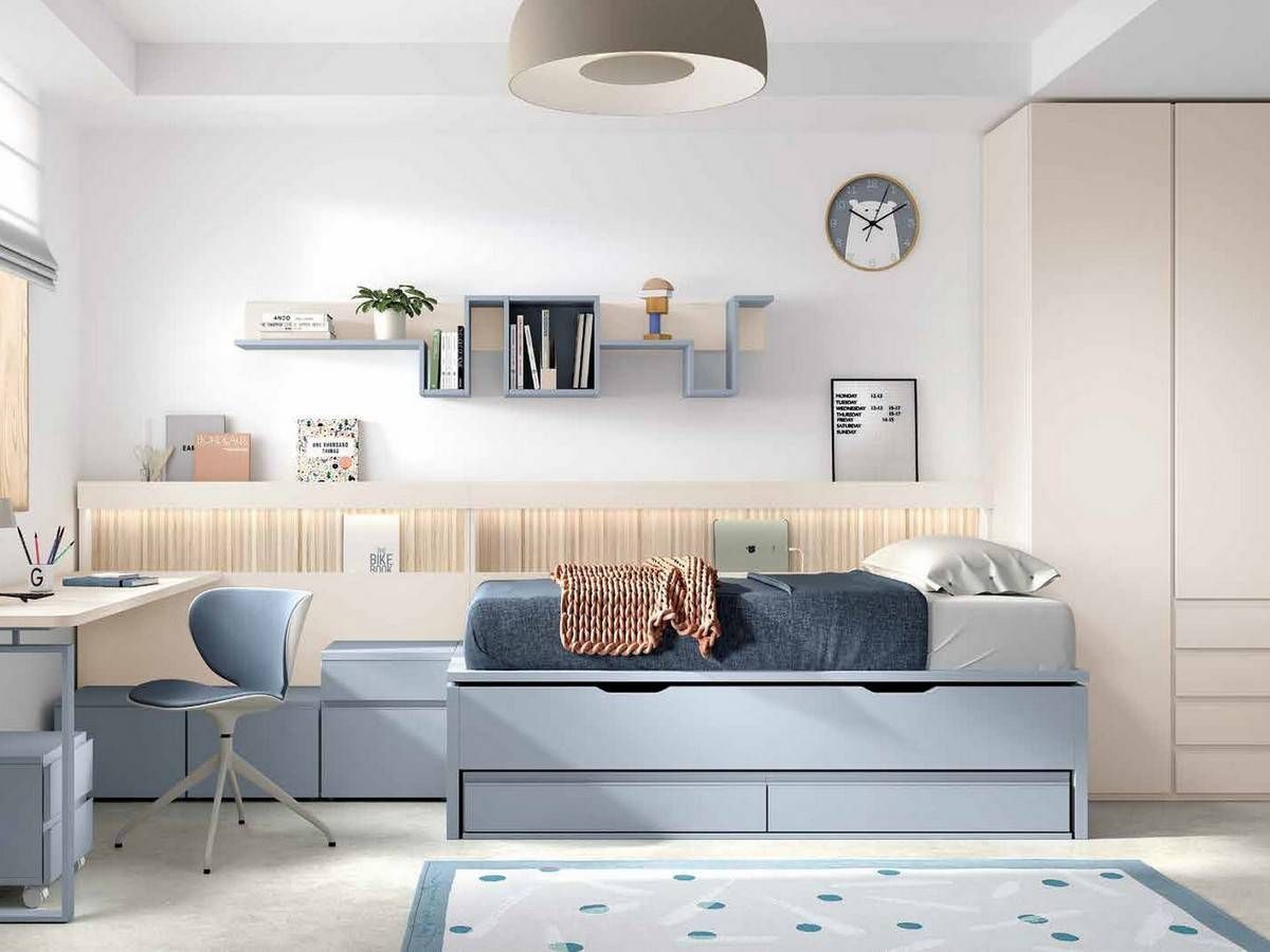 Habitacion Juvenil cama juvenil evo dúplex con nido oculto y módulo de 2 baúles bajos, base 30 y diseño práctico de 190x90 cm.. Modelo FORMAS-A054