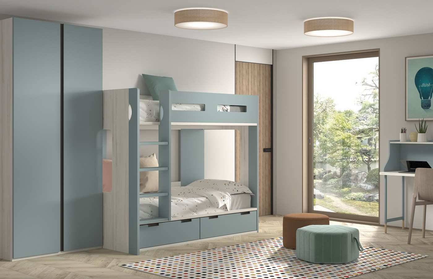 Habitacion Juvenil cama litera bicolor  con módulo 2 baúles y quitamiedos dm. Modelo FORMAS-203