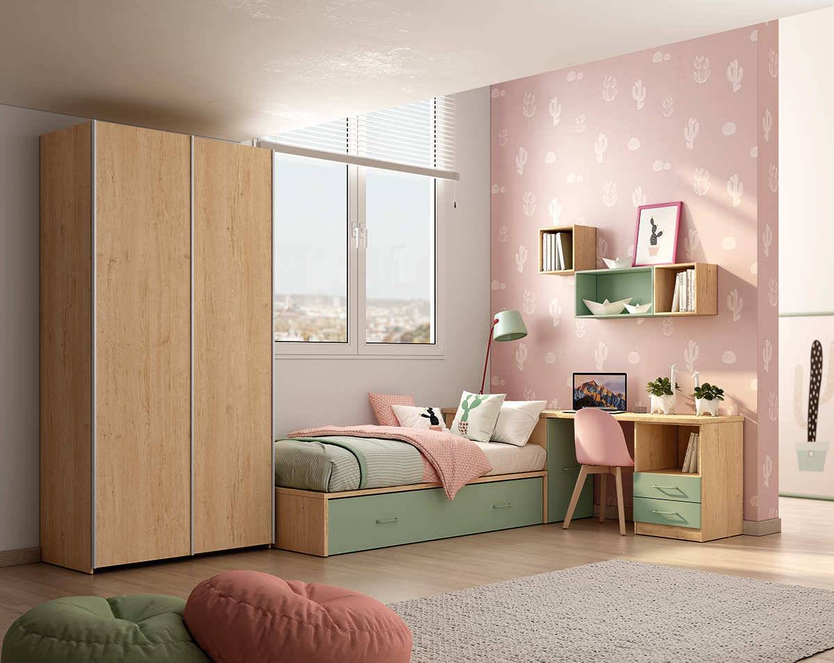 Habitacion Juvenil cama nido con base 30 y somier-arrastre 190. Modelo LIDER-223
