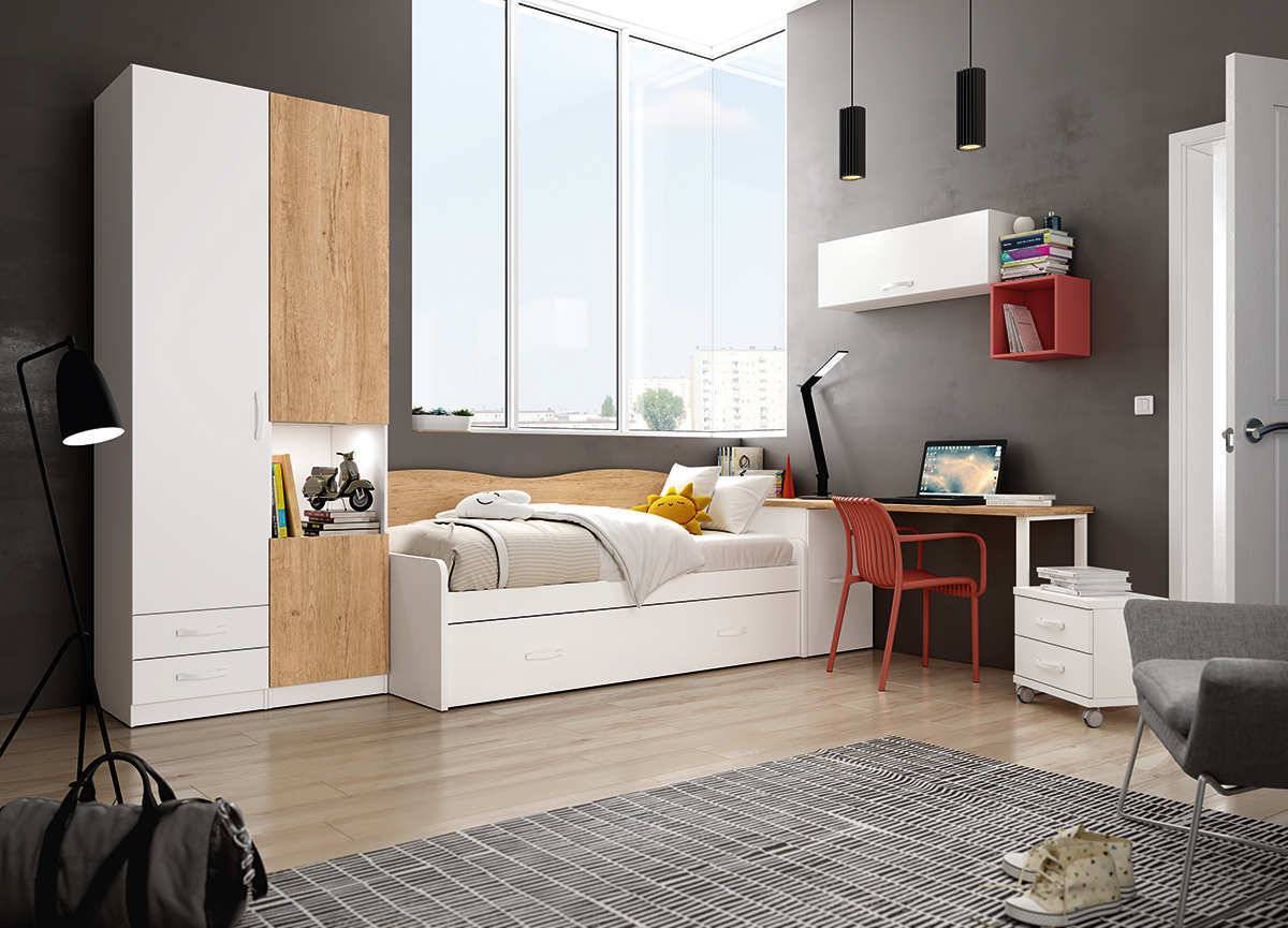 Habitacion Juvenil cama nido y somier-arrastre de 90x190 con respaldo. Modelo LIDER-230