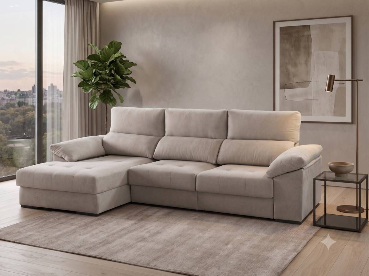  chaise longue extensible con respaldo reclinable de 280x155 cm, con opción de arcón.
desenfundable, convertible en cama, con espuma de 30 kg de densidad y cabezal, riñonera y brazos en floca.. Modelo CHAISE-CARRO-EXTENSIBLE-CATO-MS