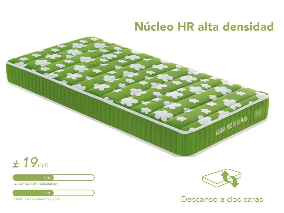  colchón de núcleo hr de alta densidad y acolchado con fibra. acolchado sistema continuo en ambas caras, con platabanda bordada en tejido structure verde.. Modelo GREEN