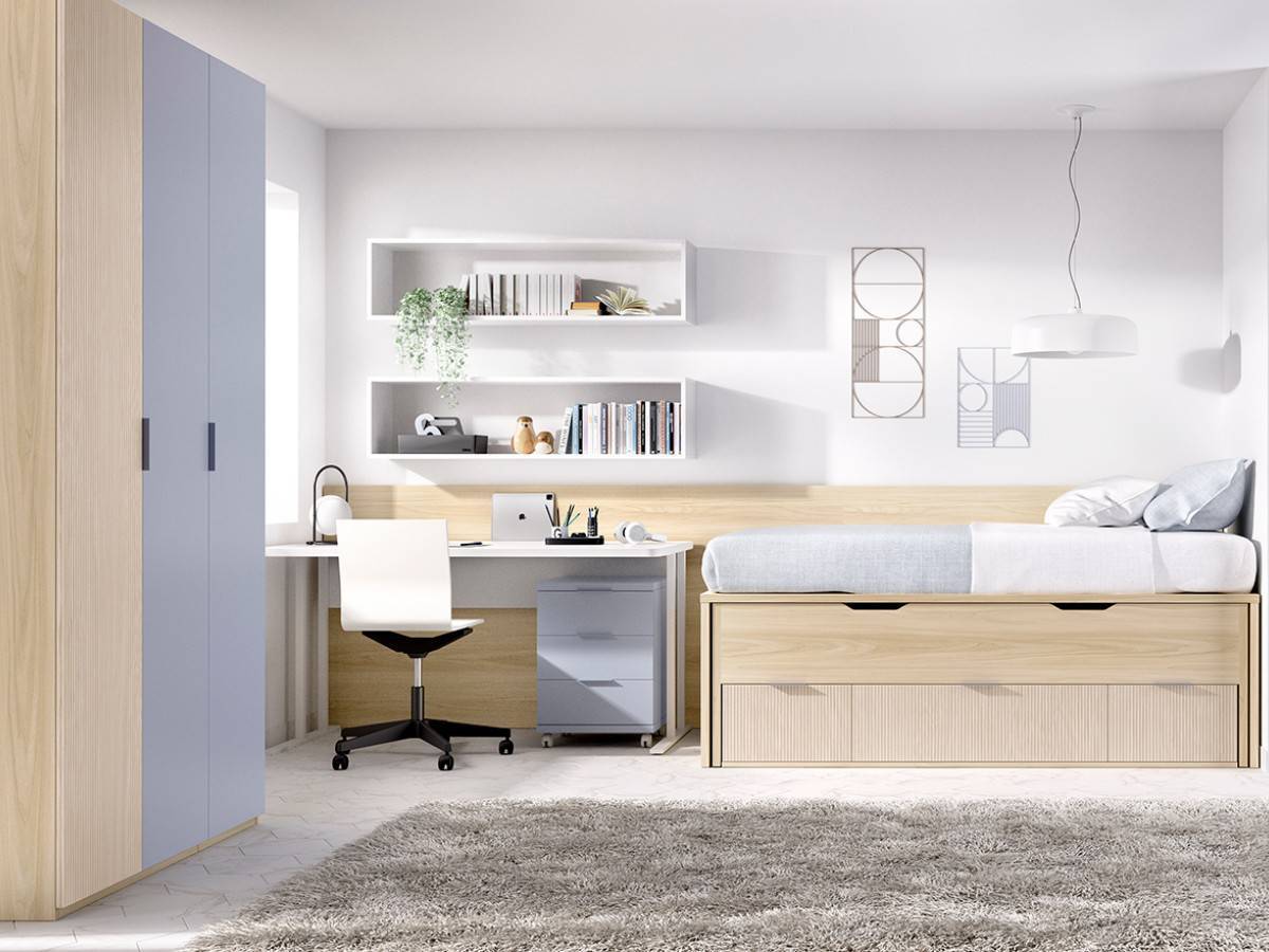 Habitacion Juvenil compacto 630 base 30mm grosor  desplazable 190x90 2 contenedores y 1 baul. Modelo COMPACTO-MJOVEN-110