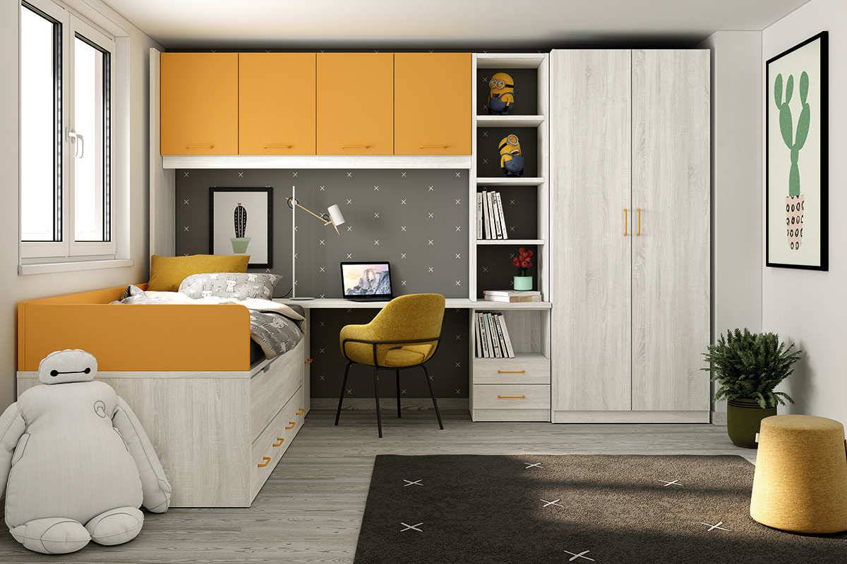 Habitacion Juvenil compacto base 30 lateral y respaldo con 2 caj. nido con desplazable 190. Modelo LIDER-213
