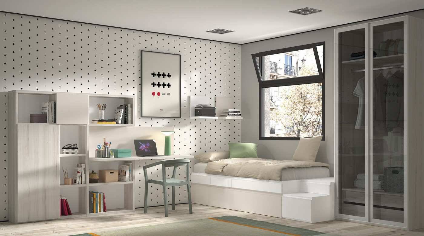 Habitacion Juvenil compacto modular apilable con cama nido arrastre y baules con cajonera escalera. Modelo FORMAS-157