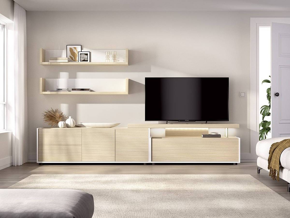  composición de salón con bajo y estanterías, total 270 cm de ancho.. Modelo NEWDUO-05