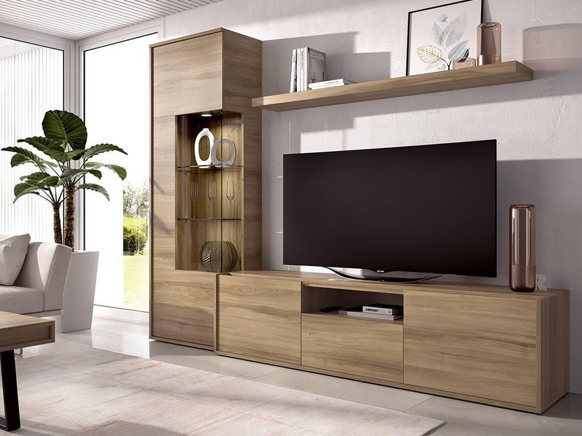  composición de salón con vitrina, bajo y estante, total 233 cm de ancho.. Modelo NEWDUO-54