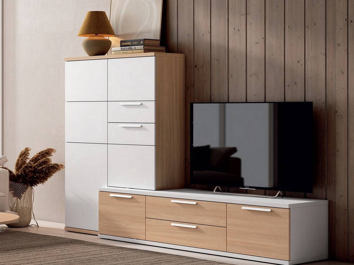  composición de salón yours 320 essential blanco mate siroco con tirador bold blanco y medidas 247×157×45 cm mueble de salón moderno con módulos bajos y altos combinados en blanco mate y madera natural, perfecto para crear un ambiente cálido y funcional en espacios contemporáneos.. Modelo CUBIKABOLD-320