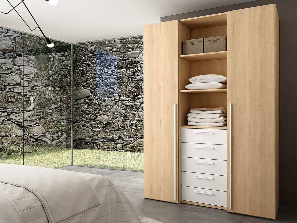  conjunto con 2 armarios de 50 cm de 1 puerta. incluye una estantería y xifonier 5 cajones en la parte central .. Modelo DORMITORIO-MATRIMONIO-GHIO-71