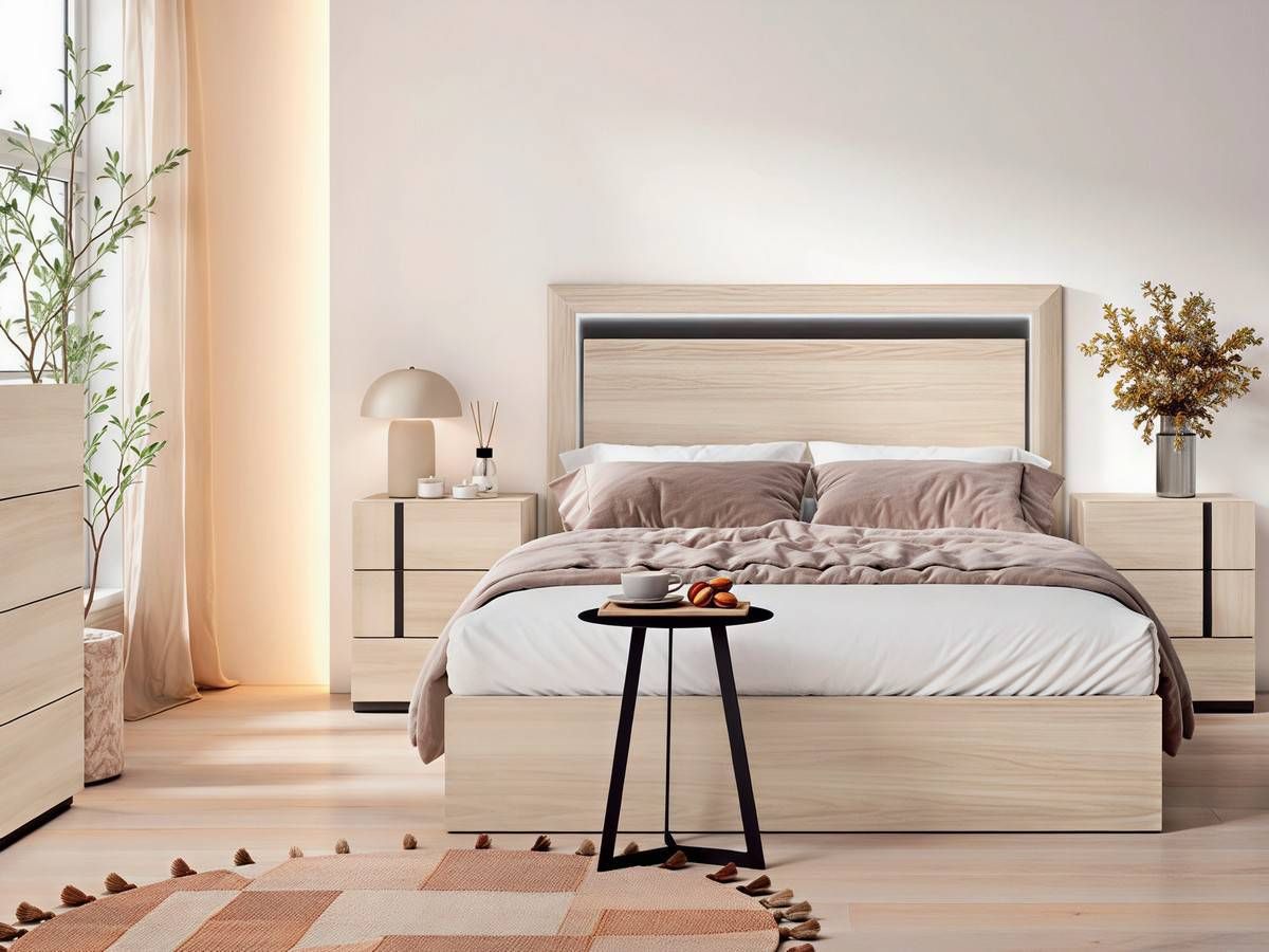  conjunto dormitorio matrimonio cabezal levos led y mesitas tao. Modelo CRETAB-15
