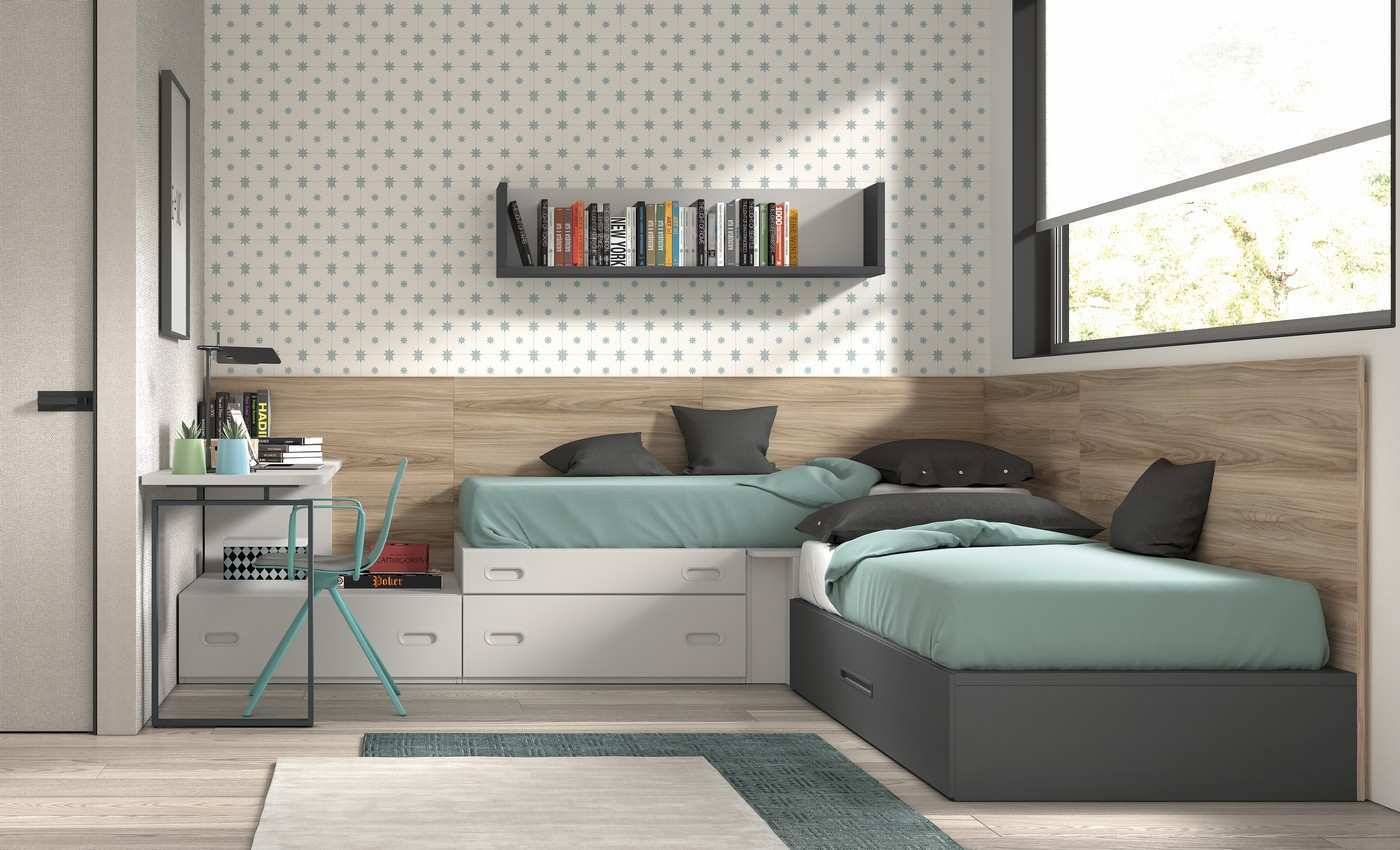 Habitacion Juvenil conjunto modular doble en angulo con block base nido y baules base arcon . Modelo FORMAS-159