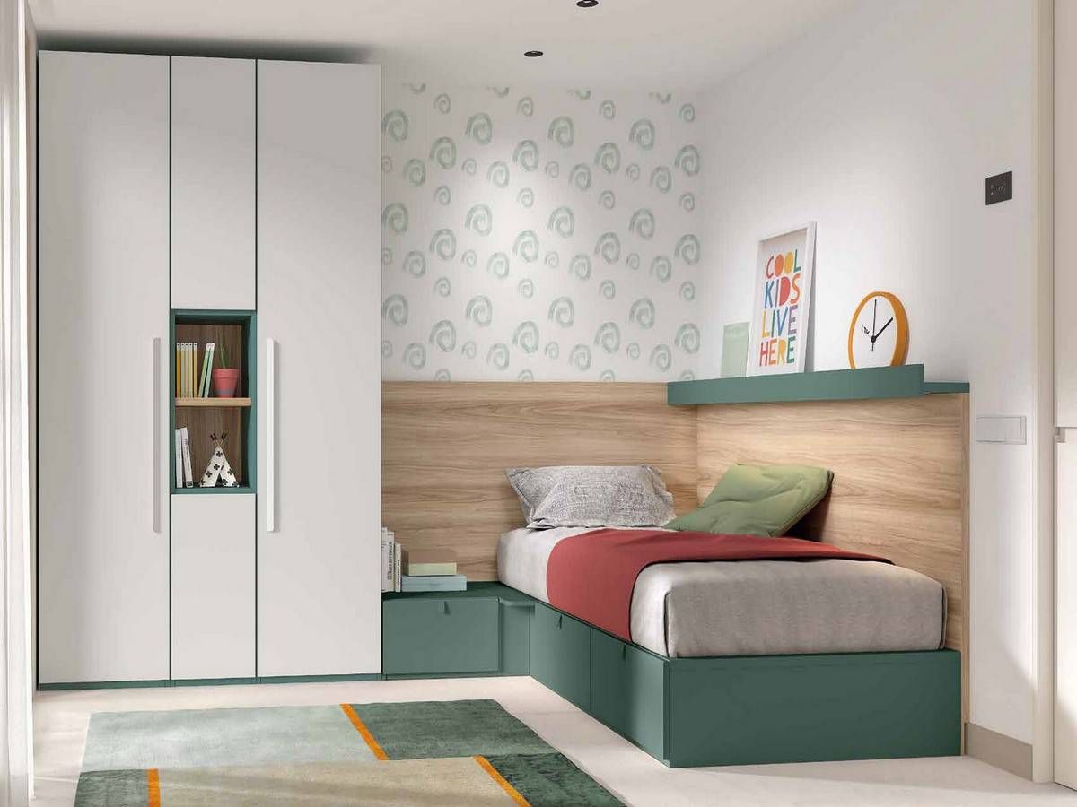 Habitacion Juvenil conjunto de módulos base con contenedores y arcón rincón de apertura frontal, diseño especial de fondo, ideal para aprovechar el espacio con estilo. Modelo FORMAS-A059