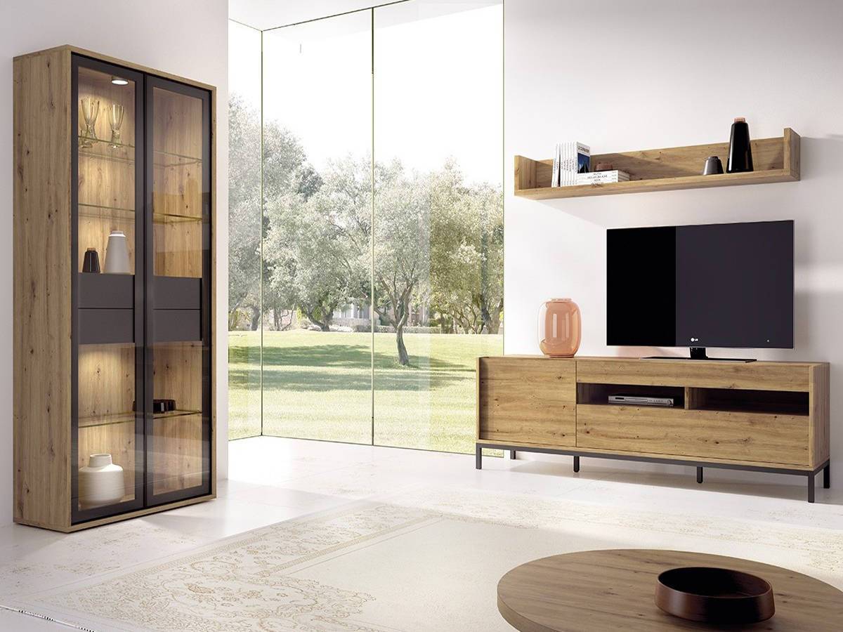  conjunto de muebles de salón con vitrina, estantería y bajo, total 260 cm. Modelo NEWDUO-09