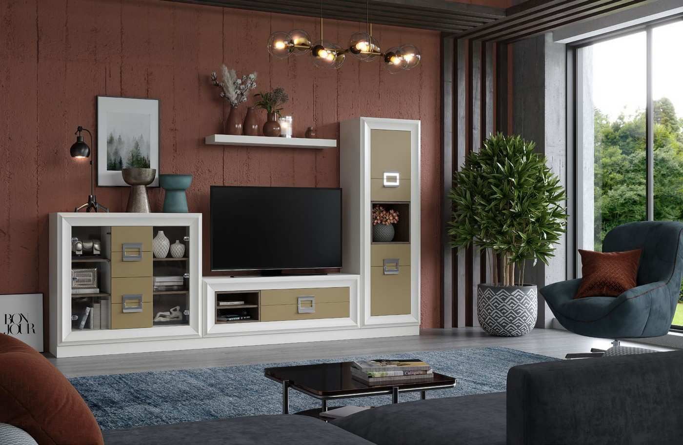  conjunto de salón contemporáneo havana-09 de 310 cm con vitrina alta, módulo bar, mueble tv y estante, personalizable en colores, medidas y acabados.. Modelo HAVANA-09