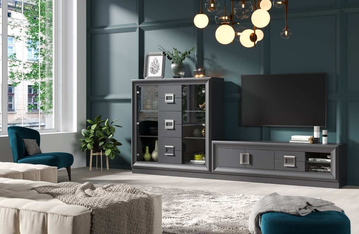  conjunto de salón contemporáneo havana-11 de 320 cm con módulo bar y mueble tv, elegante y personalizable en colores, medidas y acabados.. Modelo HAVANA-11