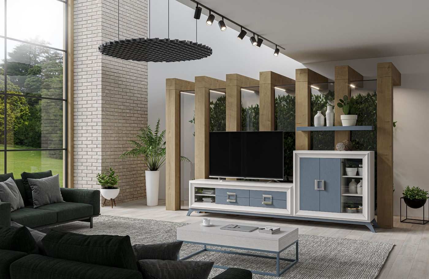  conjunto de salón contemporáneo con módulo bar, mueble tv, estante y zócalo, personalizable en acabados, colores y medidas.. Modelo HAVANA-08