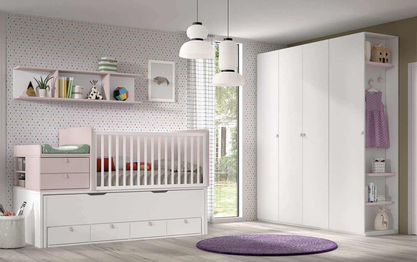 Habitacion Juvenil cuna convertible 30 con nido oculto barandilla recta con módulo 4 cajones bajos. Modelo FORMAS-313