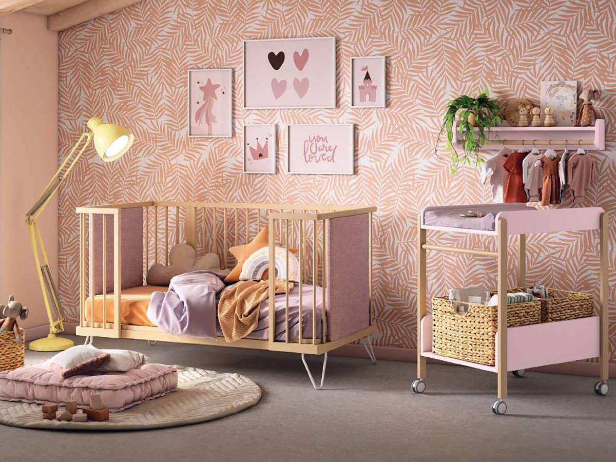 Habitacion Infantil cuna evolutiva pampa con cabezales tapizados en textura jersey. Modelo BAMBOO-16