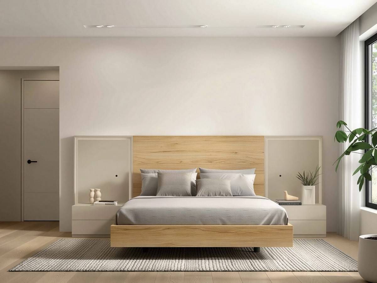  dormitorio noa cabezal nº 10 de 308cm con mesitas de 60cm uñero lateral. Modelo NOAR-318