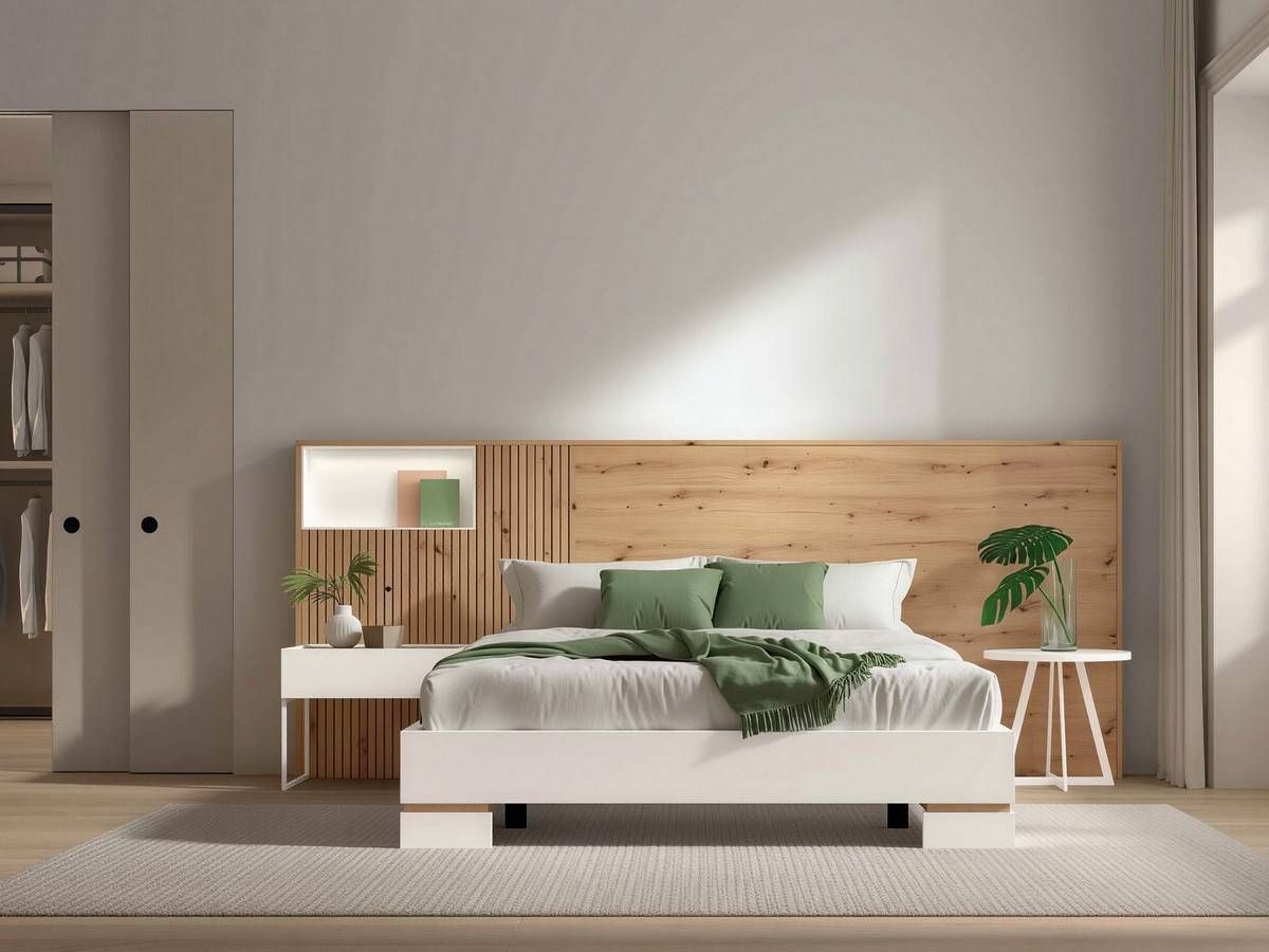  dormitorio noa cabezal nº 16 de 292cm con mesitas de 60cm y auxiliar redonda. Modelo NOAR-320