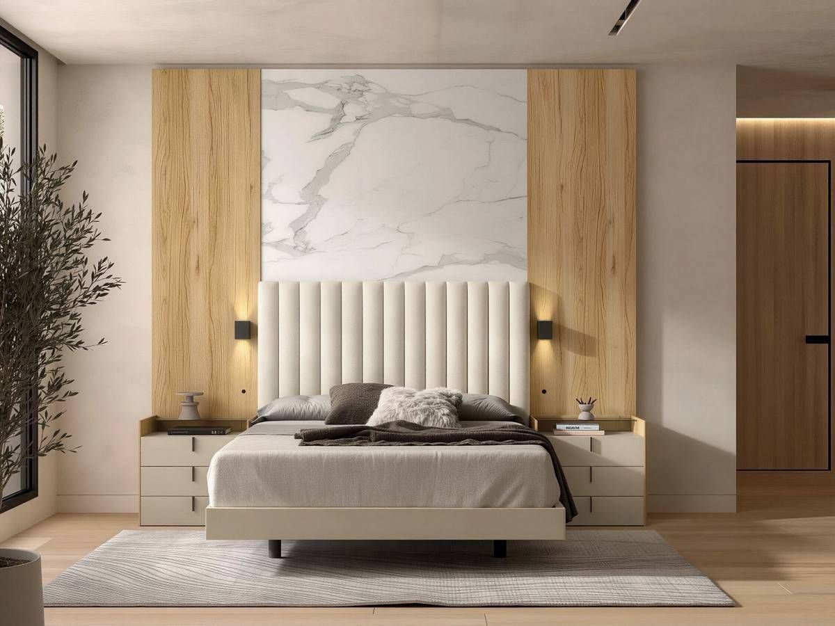  dormitorio noa cabezal nº 17 de 162cm tapizado con paneles y mesitas de 62cm tirador vertical. Modelo NOAR-313