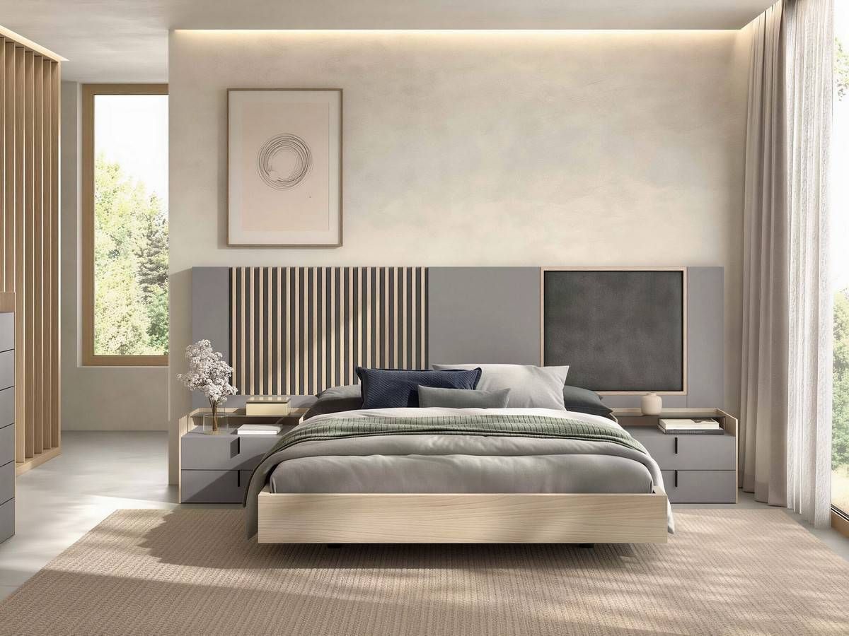  dormitorio noa cabezal nº 2 de 290cm con mesitas de 62cm tirador vertical. Modelo NOAR-301