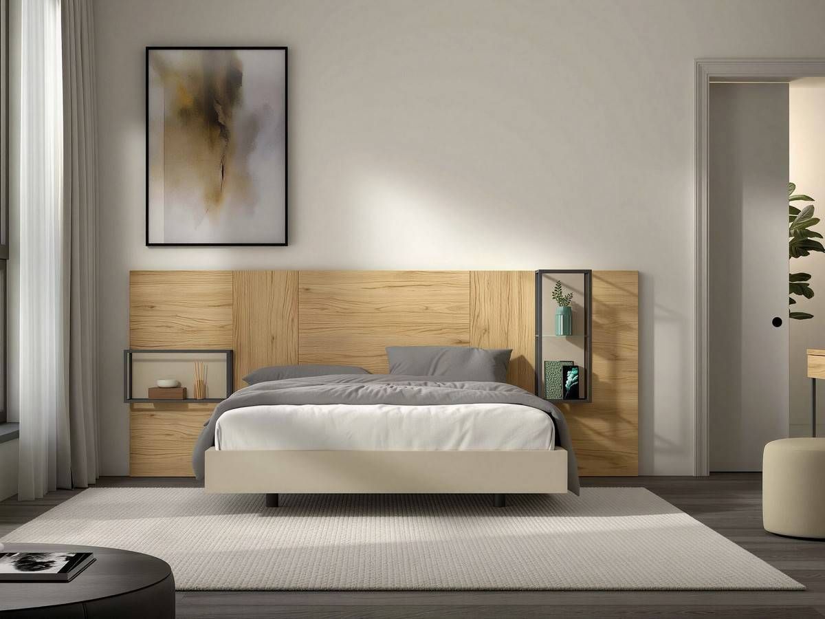  dormitorio noa cabezal nº 20 de 296cm con tocador y espejo redondo. Modelo NOAR-324