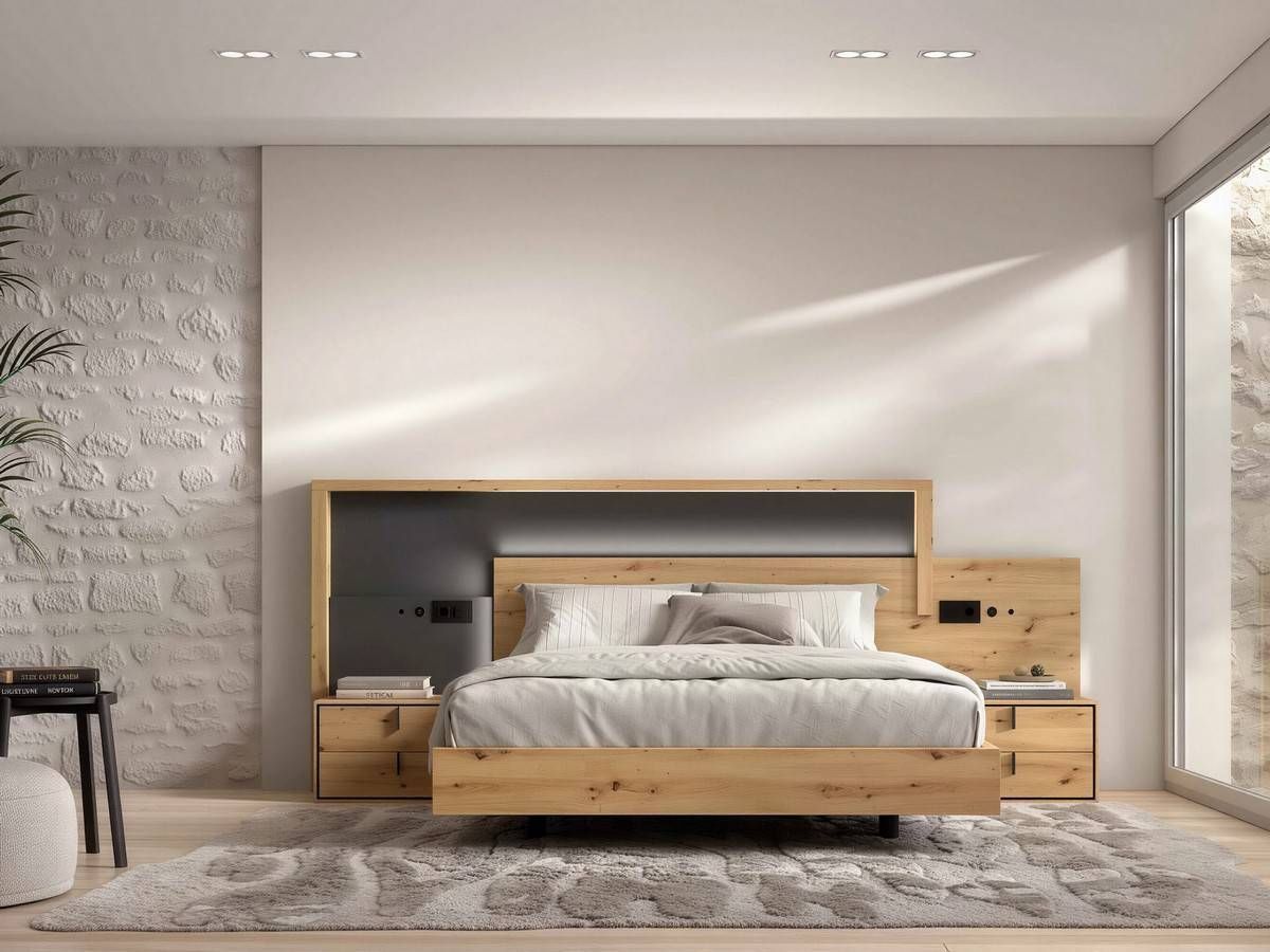  dormitorio noa cabezal nº 21 de 296cm con mesitas de 62cm tirador vertical y led. Modelo NOAR-317