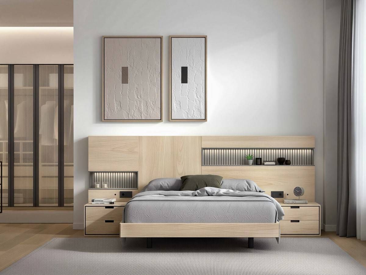  dormitorio noa cabezal nº 22 de 290cm con mesitas de 62cm tirador embutido y led. Modelo NOAR-309