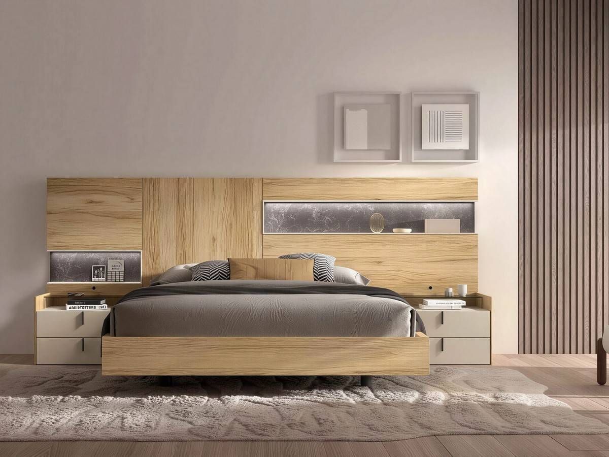  dormitorio noa cabezal nº 22 de 290cm con mesitas de 62cm tirador vertical y led. Modelo NOAR-310