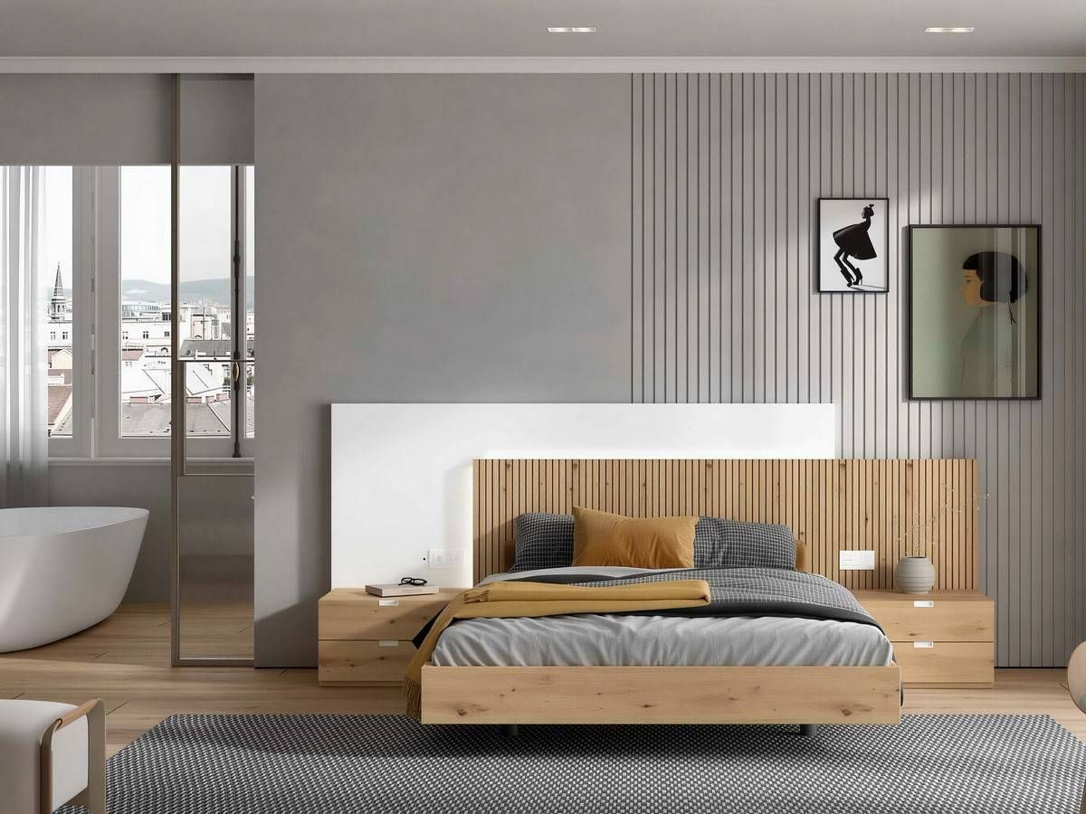  dormitorio noa cabezal nº 27 de 290cm con mesitas de 60cm tirador embutido y led. Modelo NOAR-327
