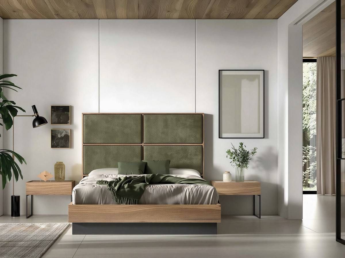  dormitorio noa cabezal nº 6 tapizado de 166cm con mesitas de 60cm tirador lingote. Modelo NOAR-305