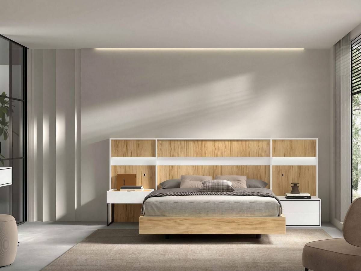  dormitorio noa cabezal nº 7 de 298cm con mesitas de 60cm y 62cm y patas metálicas. Modelo NOAR-307