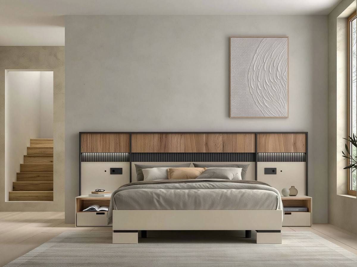  dormitorio noa cabezal nº 7 de 298cm con mesitas de 62cm hueco + cajón. Modelo NOAR-306