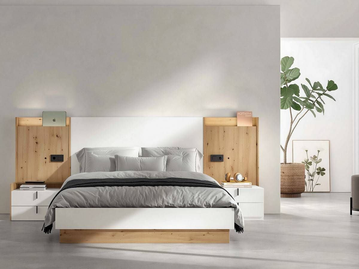 dormitorio noa cabezal nº 9 de 298cm con mesitas de 62cm y 60cm tirador vertical y led. Modelo NOAR-311
