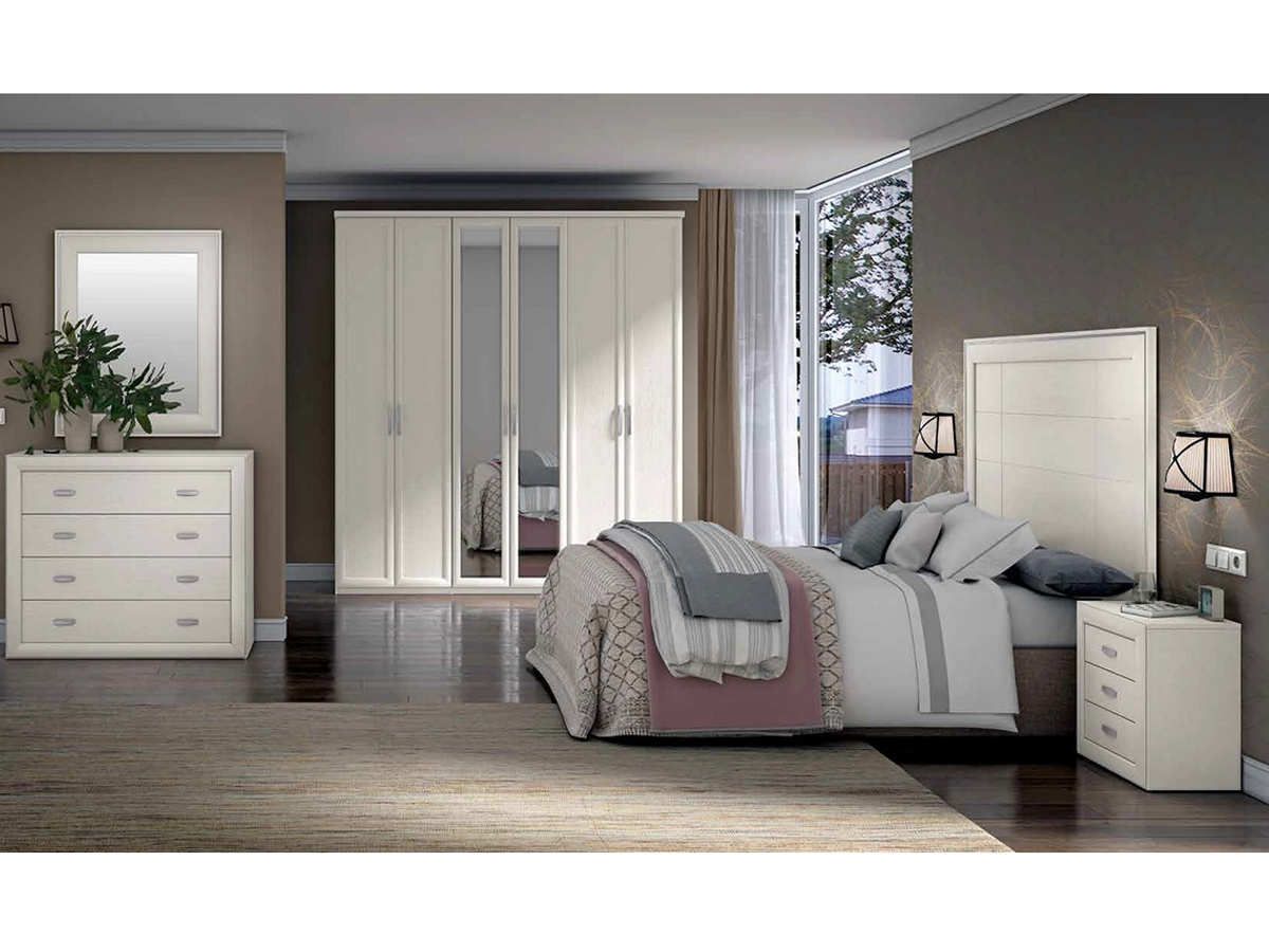  dormitorio clásico con cabecero de pared 135×170, mesitas de tres cajones, comodín y espejo.. Modelo PARMA-4021