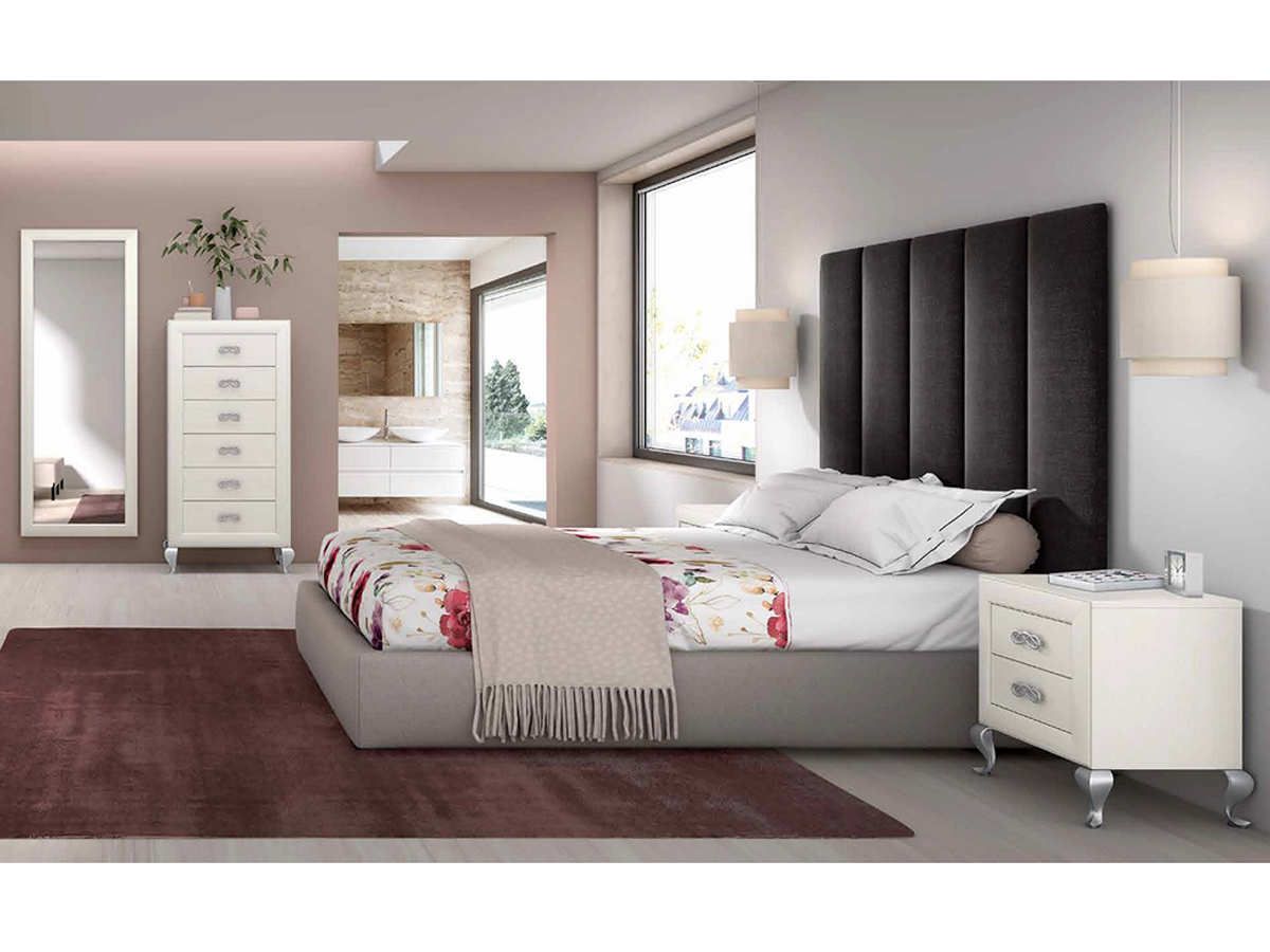  dormitorio clásico con cabecero de pared 135×170, mesitas de dos cajones, sinfonier y espejo vestidor.. Modelo PARMA-4030