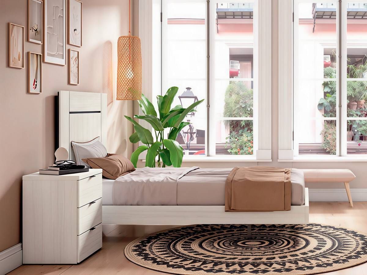  dormitorio juvenil cama ancha cabezal itaca y mesita ibi. Modelo CRETAB-33
