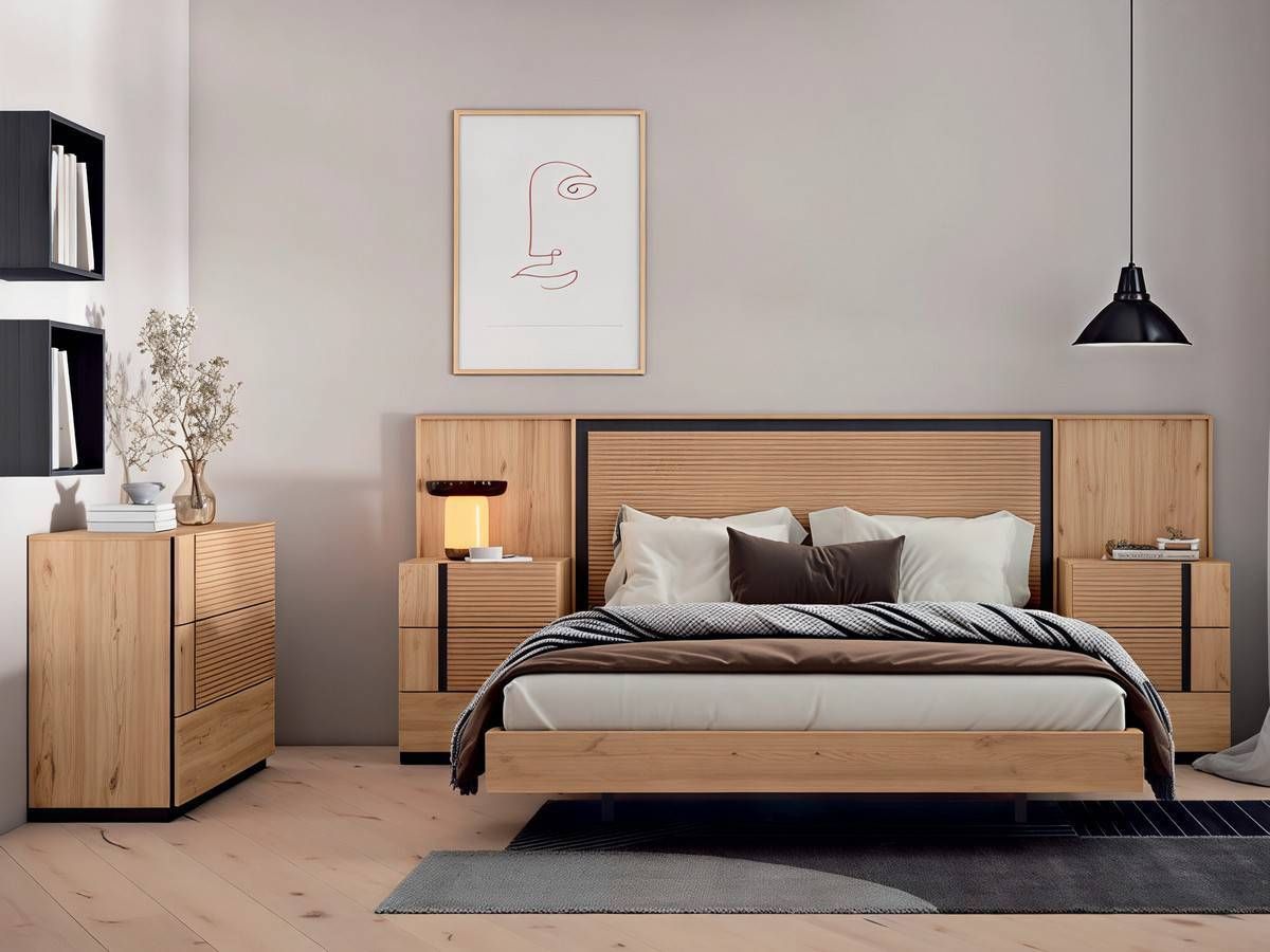  dormitorio moderno cabecero frisa y mesitas tao de noche. Modelo CRETAB-01