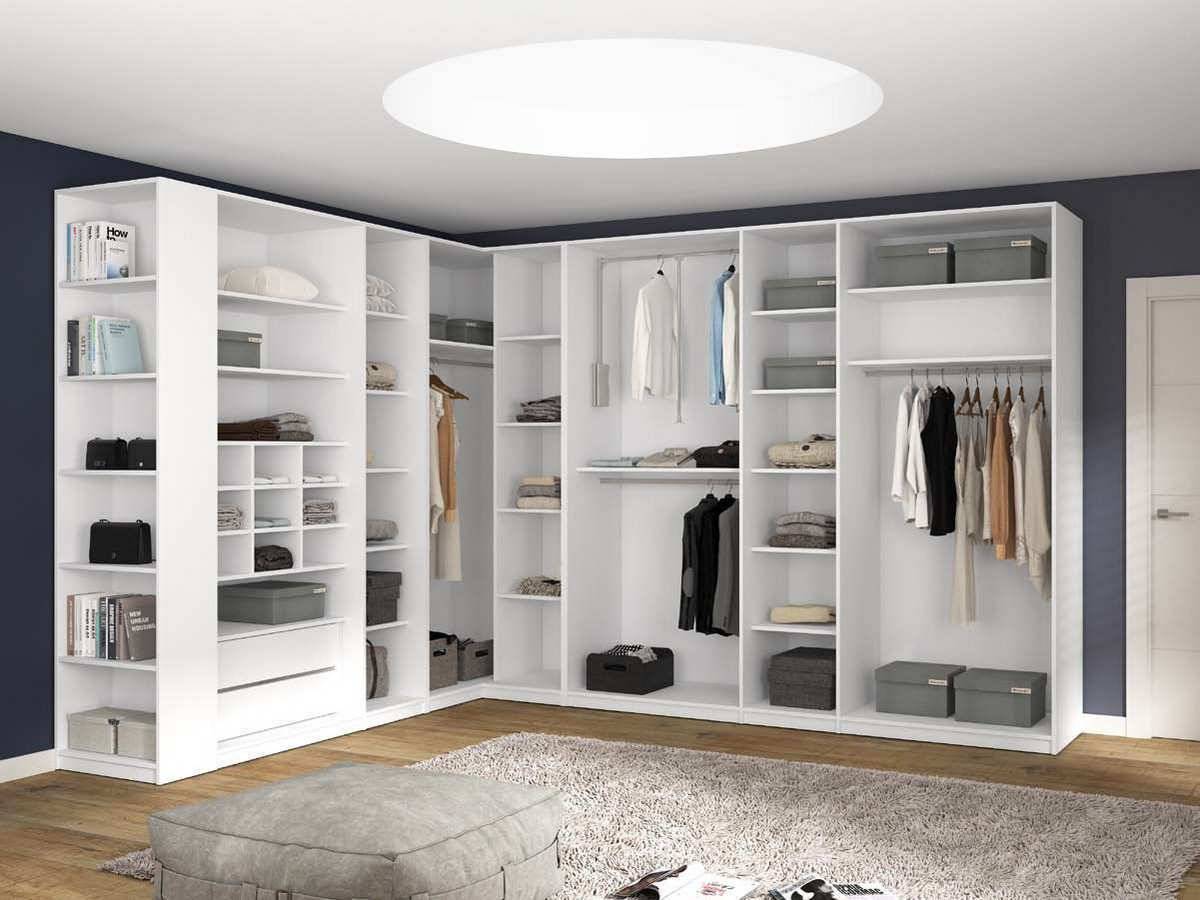  gran vestidor con forma de ángulo rincon sin puertas y estanteria terminal  que combinan cajoneras de varios tamaños  con multitud de estantes y percheros. Modelo MEDITERRANEO-116