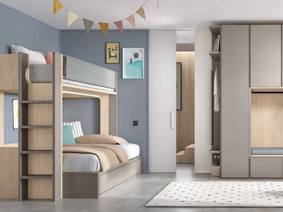 Habitacion Juvenil litera bicolor izquierda con escalera lateral y compacto inferior con 2 baúles y arcón trasero, diseño funcional y moderno de 190x90 cm.. Modelo FORMAS-A065